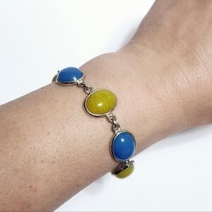 Silver Blue & Yellow Agate Bracelet Adjustable